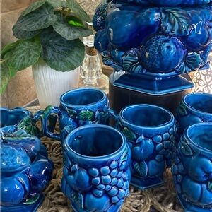 Vibrant Inarco Blue Ceramic Fruit Mugs, Sugar and Cream and Cookie Jar
